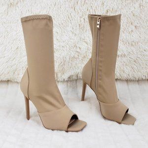 Nude Stretch Square Open Toe Ankle Boots